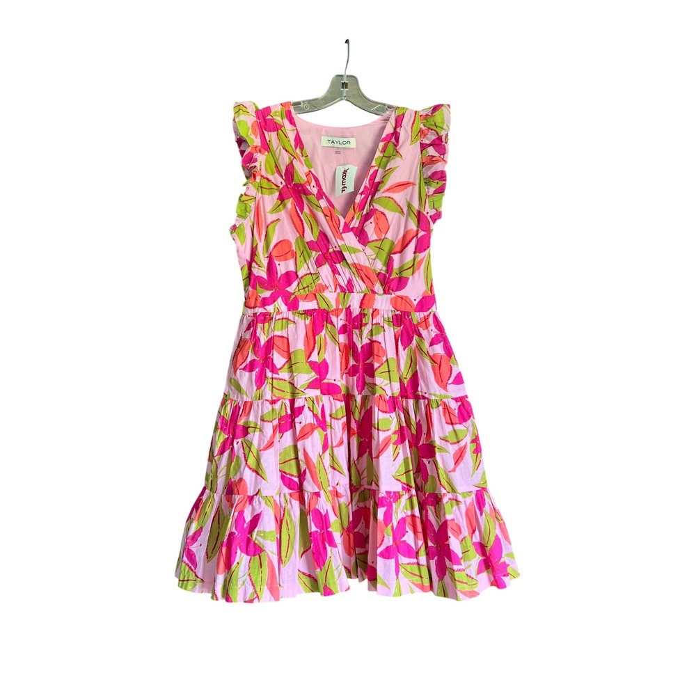 Taylor Pink Green Floral Ruffle Tiered Fit and Flare Dress Size Large NWT